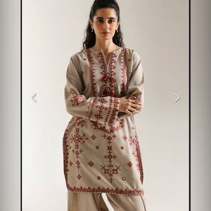 Embroidered Long Sleeve Dress - Beige and Red by Pakistani famous brand ETHNC